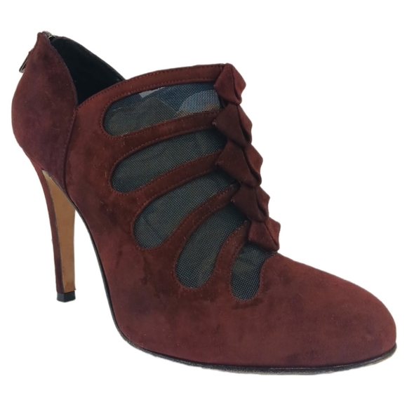 Sarah Flint Burgundy Blake Ankle Boots Suede Booties Mesh Cutouts Pumps Heels - Picture 14 of 15